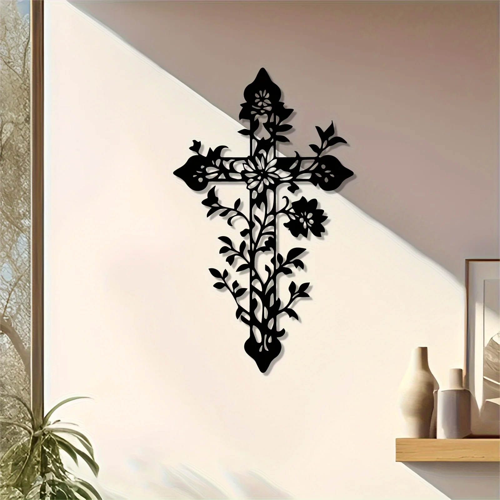 1pc Vintage Cross with Flower Branch - Black Christian Home Decor, Suitable for Living Room, Bedroom, Church - Inspirational