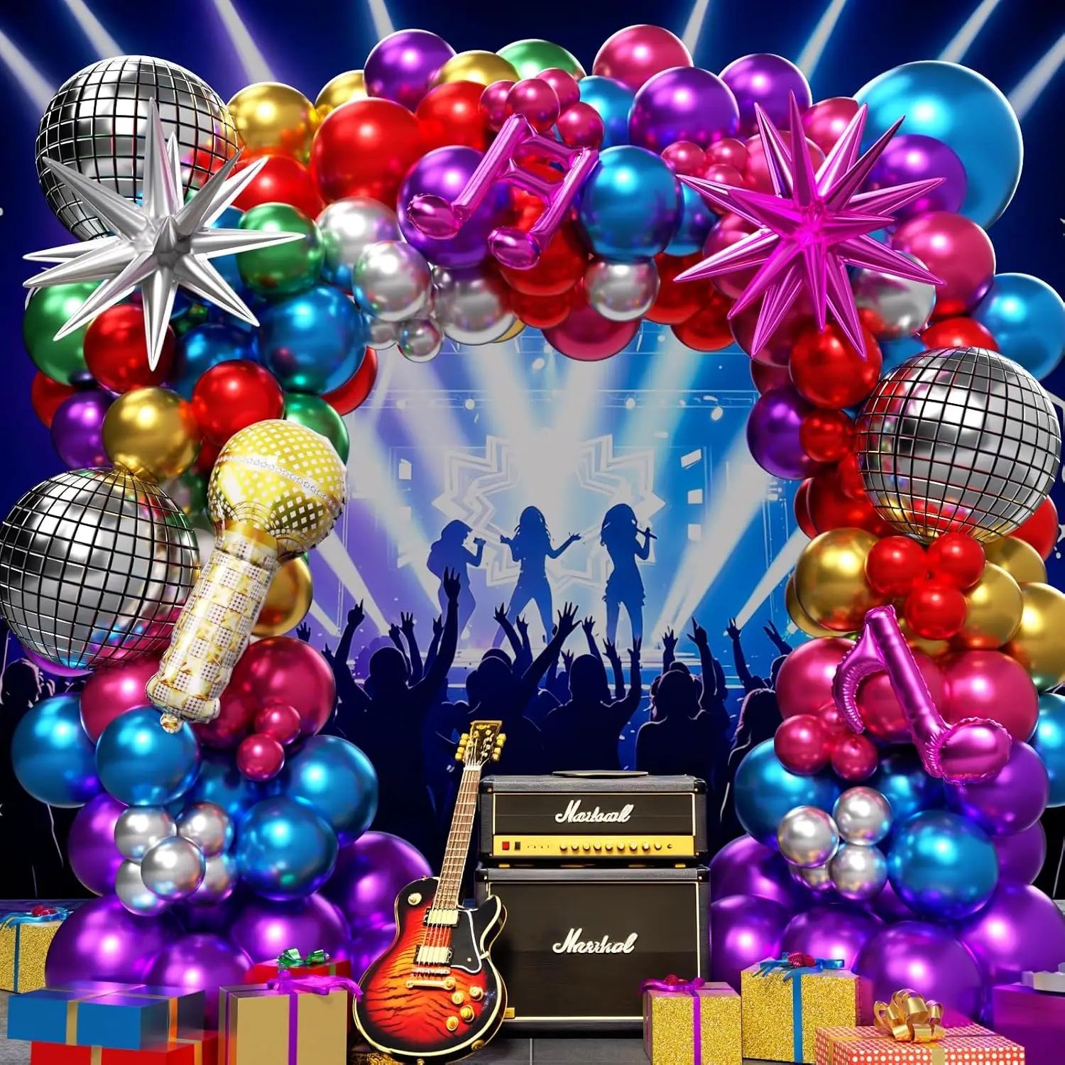 160pcs Shiny Chrome Balloon Garland Arch Kit Star Microphone Disco Musical Foil Balloons,Kpop for Birthday 80s 90s Galaxy Decor