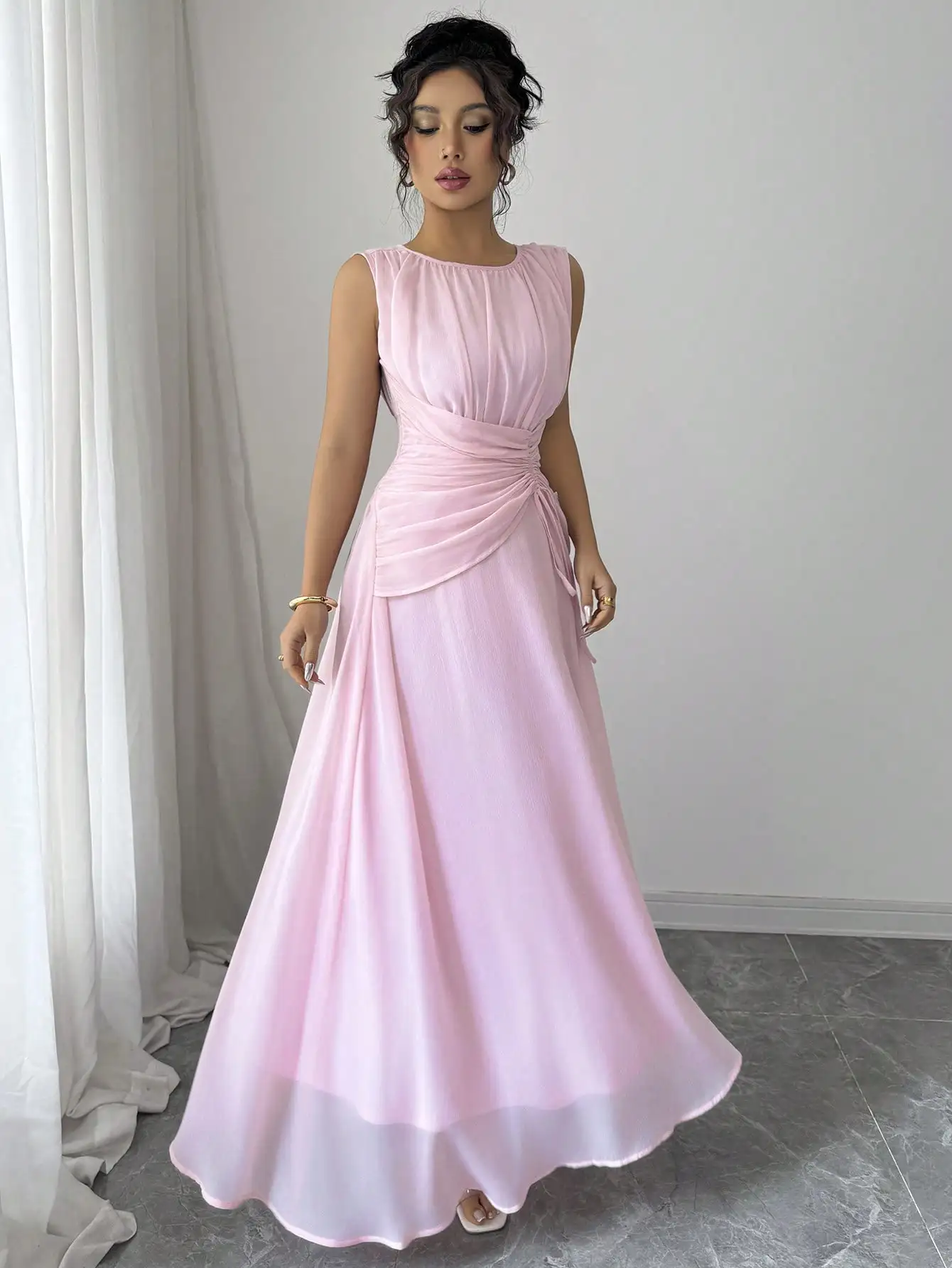 여성용 롱 쉬폰 맥시 드레스, 허리끈 디자인, 우아한 프렌치 로맨틱 빈티지 스타일, 캐주얼에 적합