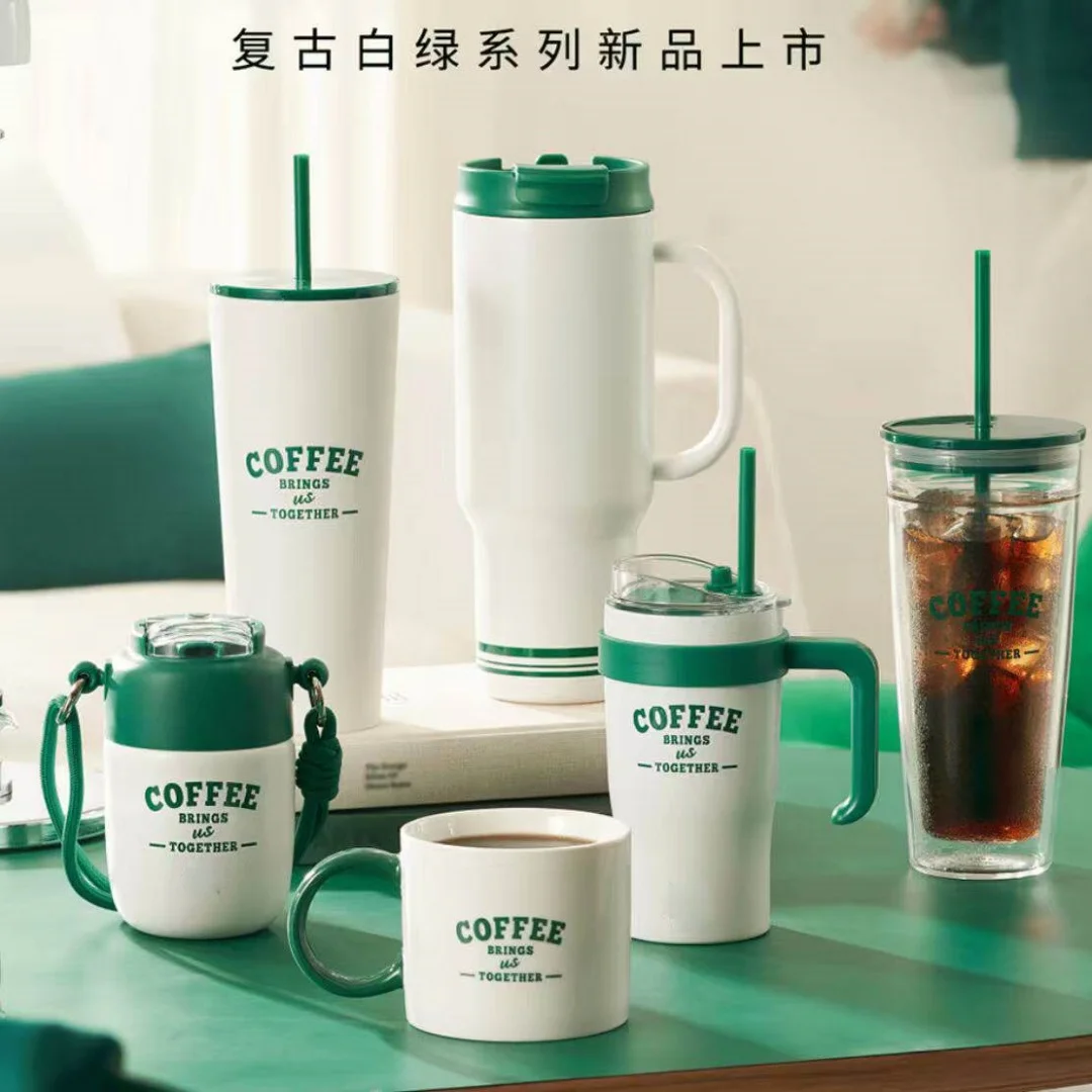 

2026 Bk Vintage White Green Insulated Stainless Steel Coffee Mug Portable With Lanyard Leak Proof For Adults Travel Office Use