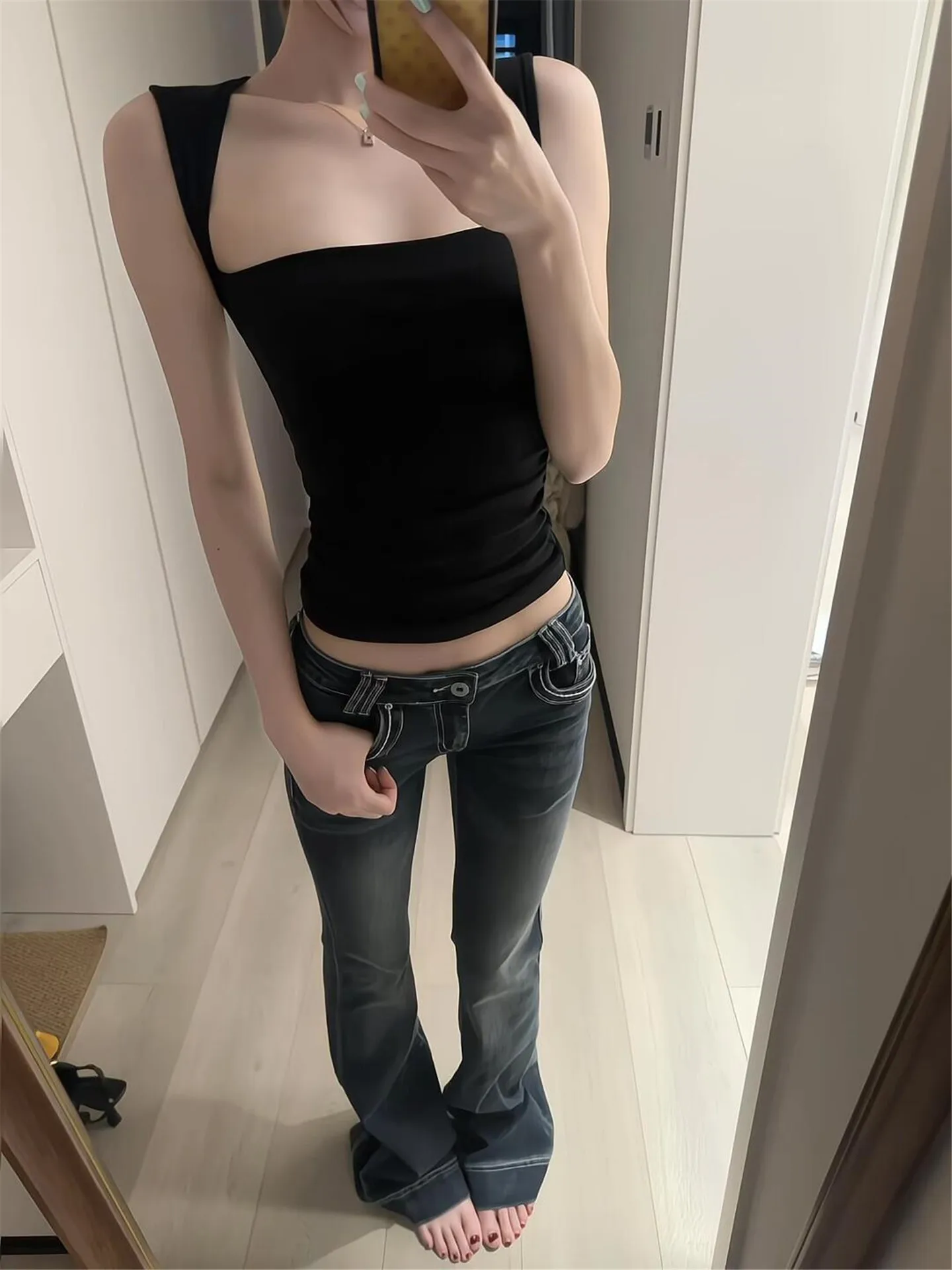 

American Style Low Waist Bell Bottom Jeans Women Summer Slimming Design Versatile Washed out Dragging Pants Hot Girl Denim