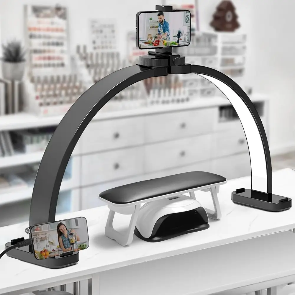 30.7 LED Nail Desk Lamp with Adjustable Brightness, Half-Moon Design, and PE Holder for Nail and Eyelash Services, Black