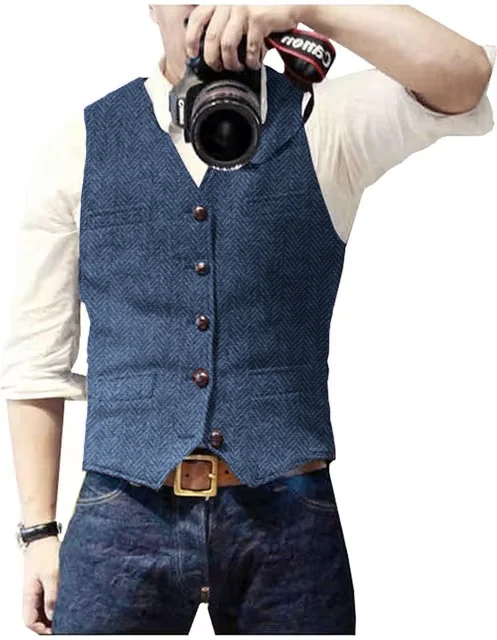 Men's Suit Vest V Neck Wool Herringbone Tweed Casual Waistcoat Formal Business Vest Groomman For Green/Black/Brown/Coffee