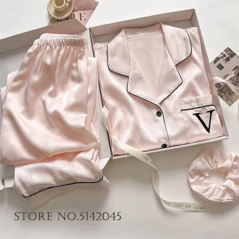 

Jacquard Butterfly Women's Sleepwear 2PCS Pajamas Set Spring New Silk Satin Trouser Suits Home Clothes Loose Casual Loungewear