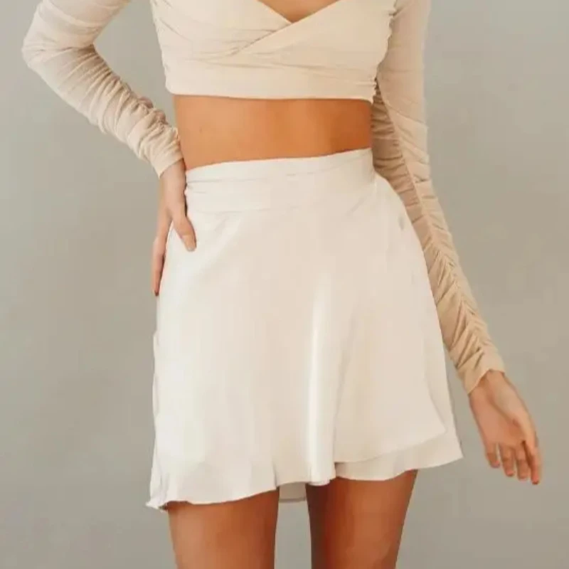 

Summer Temperament Womens Clothing Satin Solid Color Korean Vintage Style Silk High Waist Comfort Leisure Lace-up Short Clothing