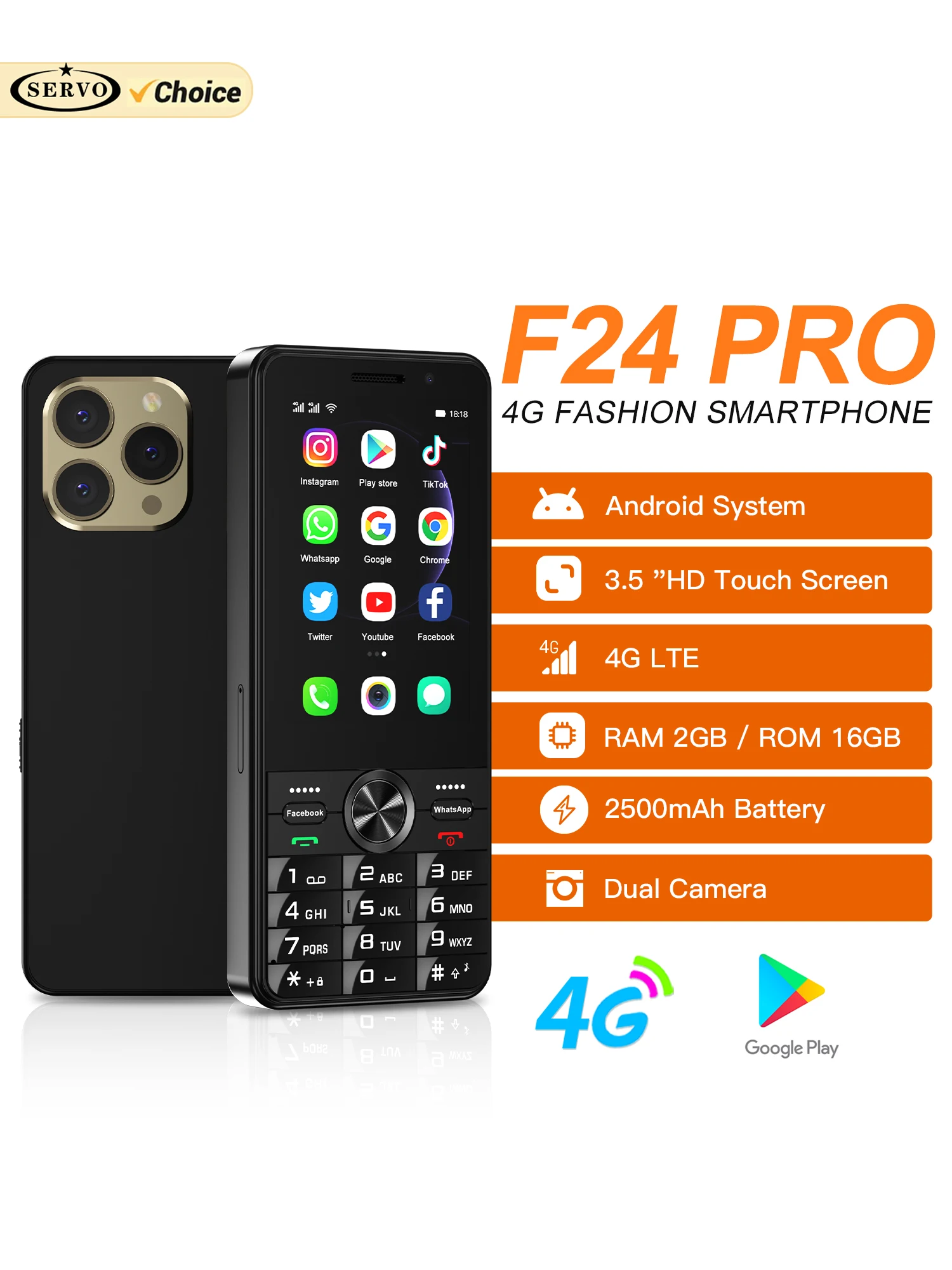 SERVO F24 PRO 4G Button Smartphone Android OS 2GB+16GB Play Store WhatsAPP GPS WiFi 3.5'' Touch Screen Smart Phones 2 SIM Standby