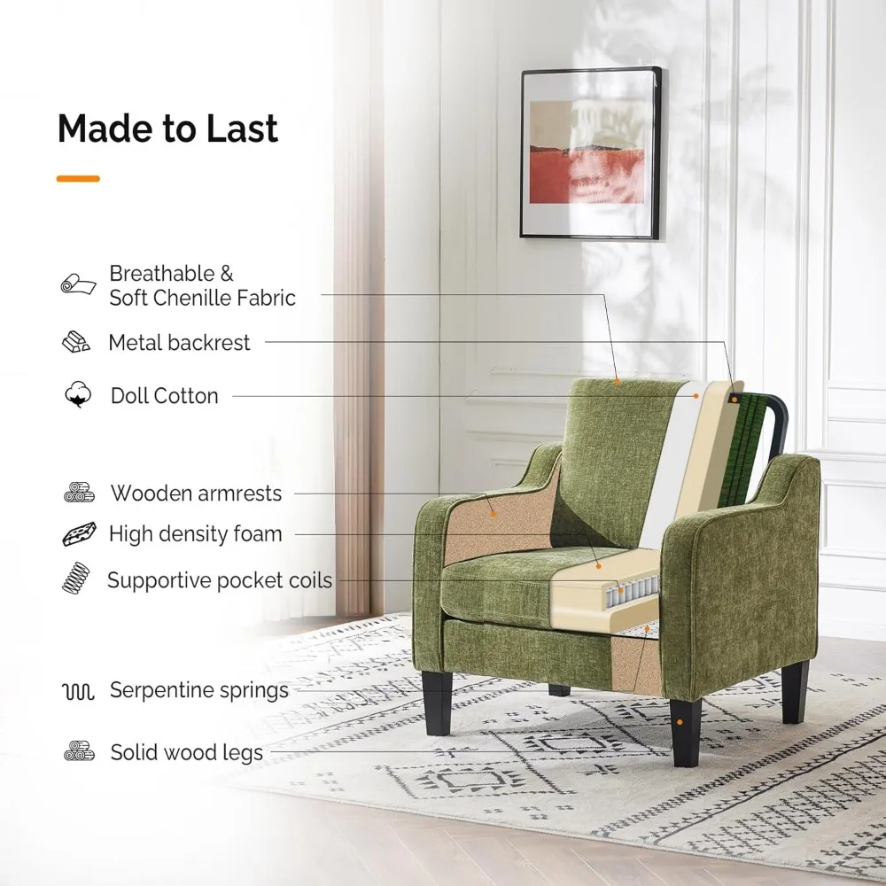 Mid Century Modern Olive Green Accent Chair with Scooped Arms for Living Room and Bedroom Reading