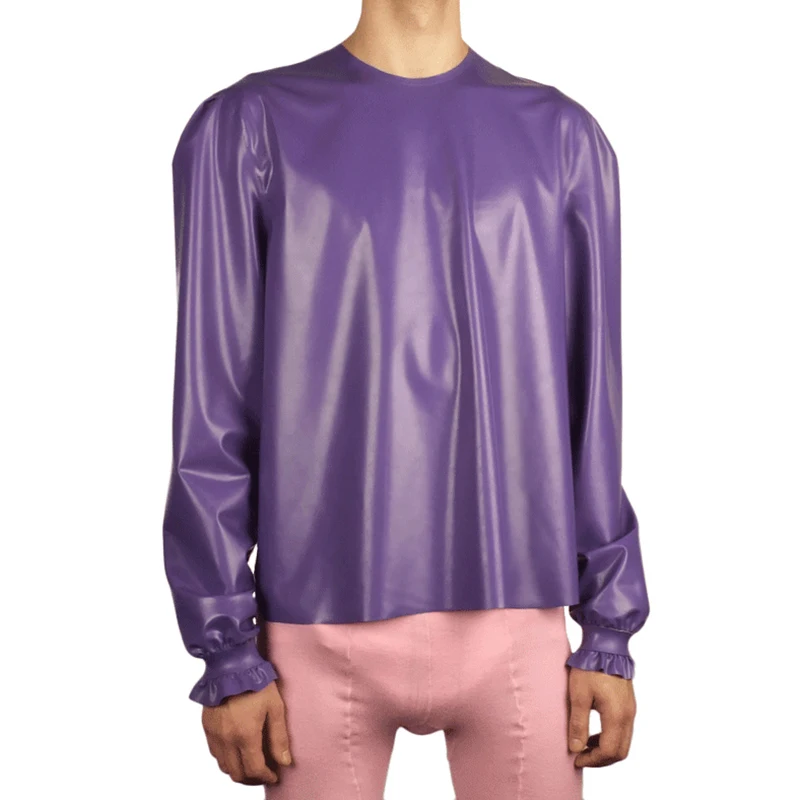 Purple Sexy Latex Pajamas With Ruffles At Cuffs Baby Doll Long Sleeves Rubber Nightgown Top YF-0363