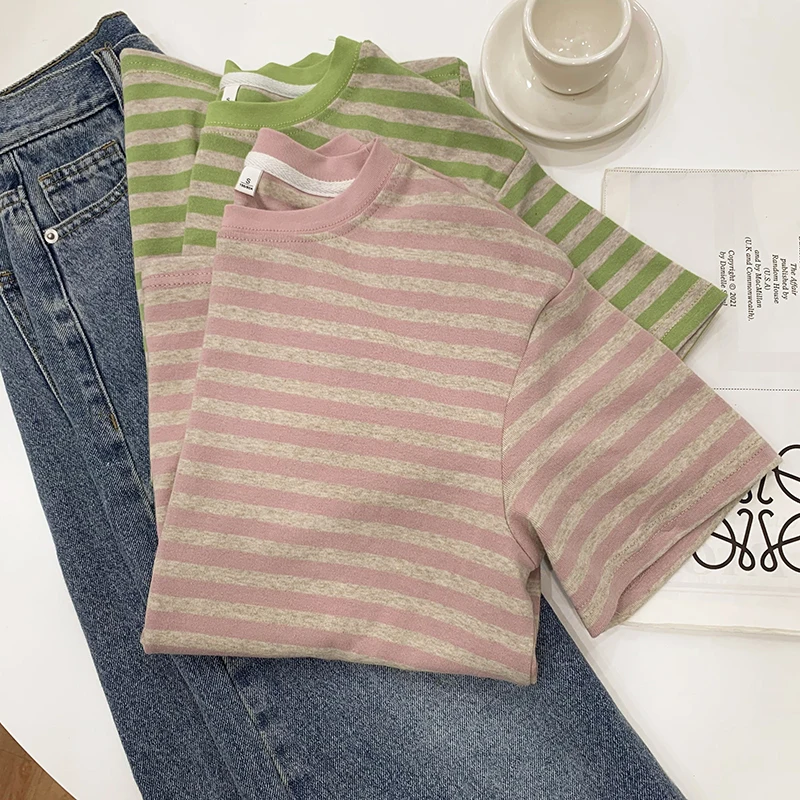 Summer Short Sleeve Striped T-Shirts Versatile Women Knitted Basic Casual Tops Female Cozy Loose Cotton Tees 2023 Harajuku Shirt