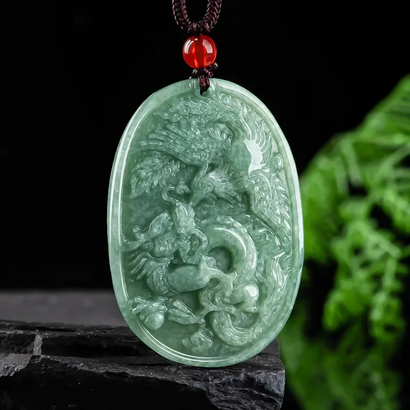 Natural A Cargo Emerald Handmade Carving Dragon and Phoenix Pendant Fashion Boutique Jewelry Couple Jade Necklace Trip