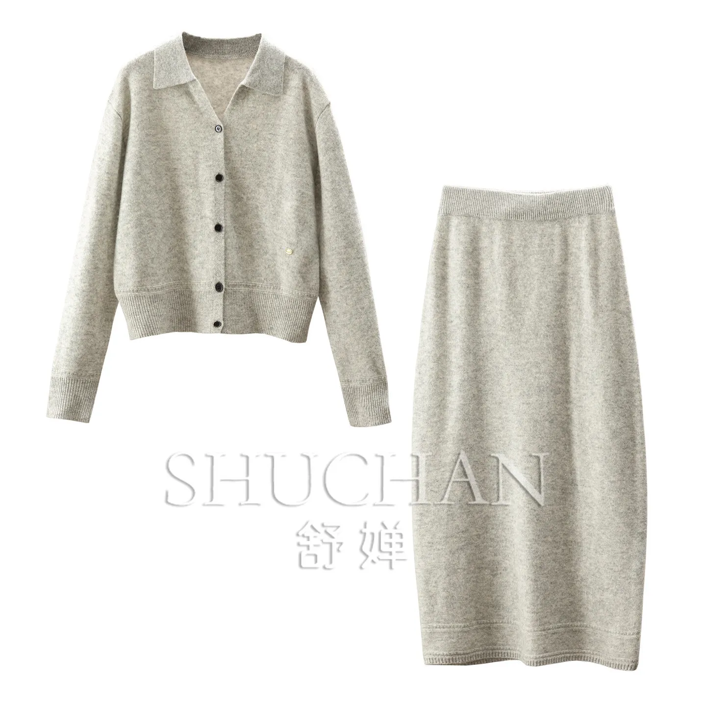Wool Sweater Shirt Cardigan + Elastic High Waist Long Skirt Women's 23X9  Conjuntos Feminino Elegante