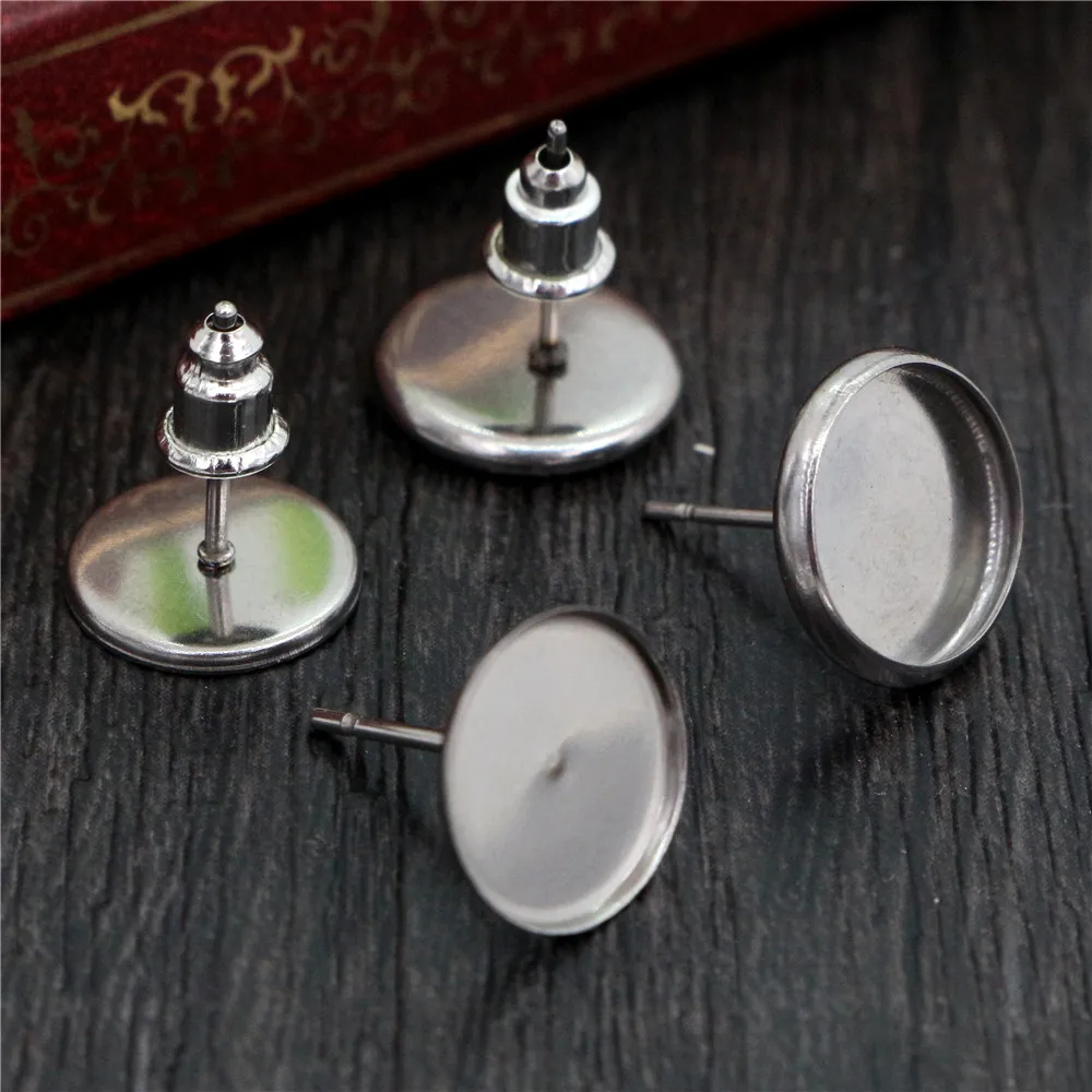 ( No Fade ) 10mm 20pcs/lots 2 Style Stainless Steel Earring Studs,Earrings Blank/Base,Fit 10mm Glass Cabochons,Buttons;