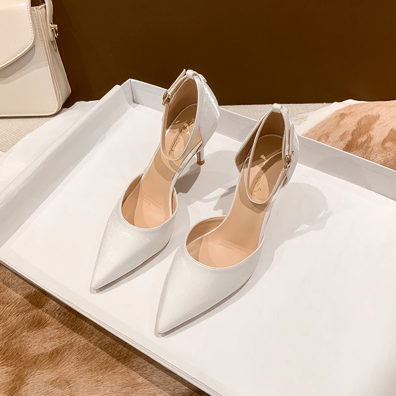 

Socialite Lady Party Shoes Women New White Wedding Dress Pumps Pointed Toe Ankle Strap Satin Stiletto Sandals Bridesmade Shoes