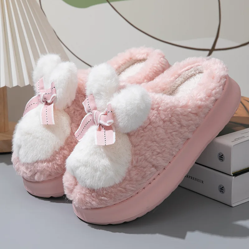 

New Women Winter Home Furry Rabbit Ear Indoor Slippers Cotton Shoes for Woman Winter Light Fur Slides Pink Bunny Mules Slippers