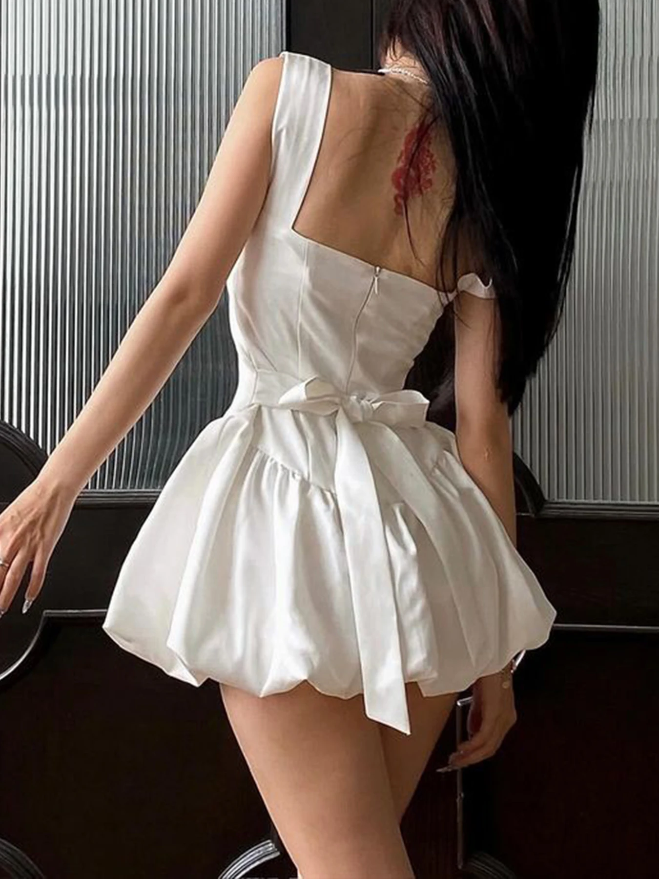 Rockmore Elegant Chic Satin A-line Dress Evening Party White Short Dresses French Slim Sexy Sleeveless Strap Tie-Up Bow Sundress