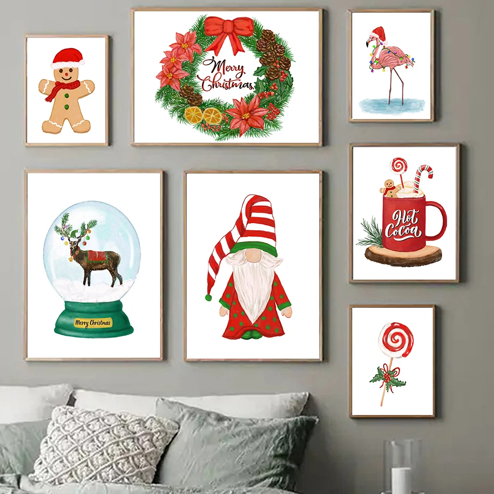 Winter Christmas Living Room New Year Home Decor Holiday Wall Art Pictures Cozy Wreath Peppermint Candy Deer Snow Globe Poster