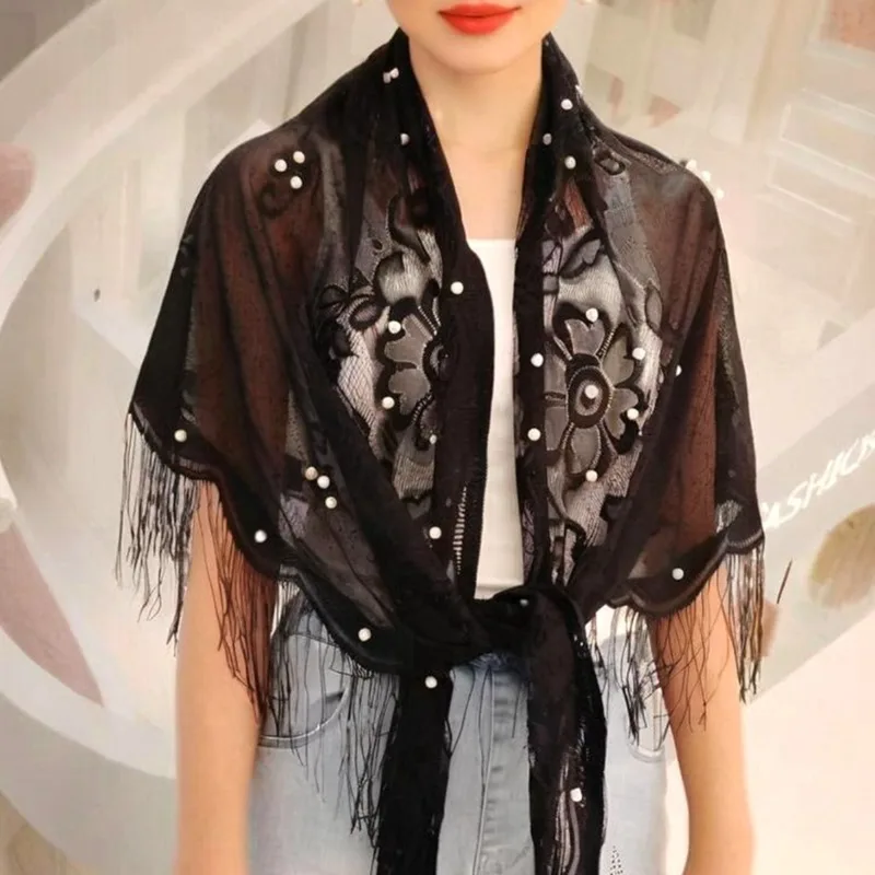 

Новый женский треугольный шарф с бисером и кружевом, дамская накидка для подружек невесты, банкетная накидка для свадебной церемонии