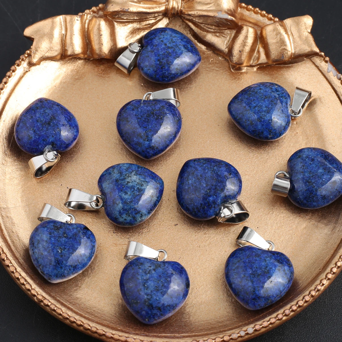 16mm Heart Shape Natural Lapis Lazuli Charms Silver Color Bail Pendants 5Pcs for DIY Necklace Bracelet Jewelry Making Supplies