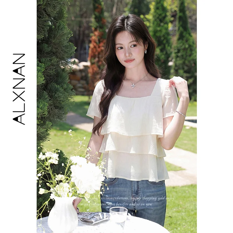 ALXNAN Apricot Short Sleeve T-shirt Square Neck Triple Layer Ruffles Irregular Hem Tees Elegant Loose-fit Ladies Tops L67273A