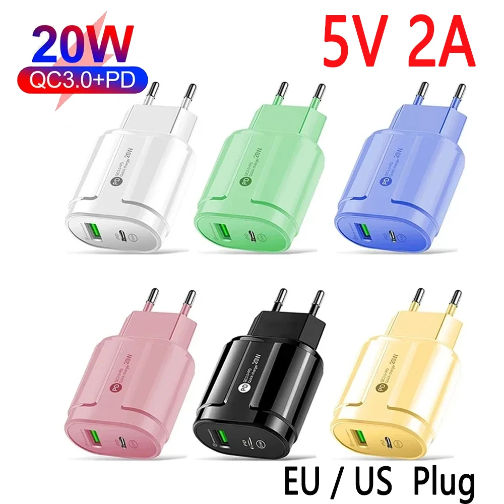 Cargador de 20W de carga rápida, 5V, 2A, USB tipo C, puertos duales, cargador de viaje de pared, Color macarrón, enchufe UE EE. UU. para IPhone, Huawei, 1 ud.