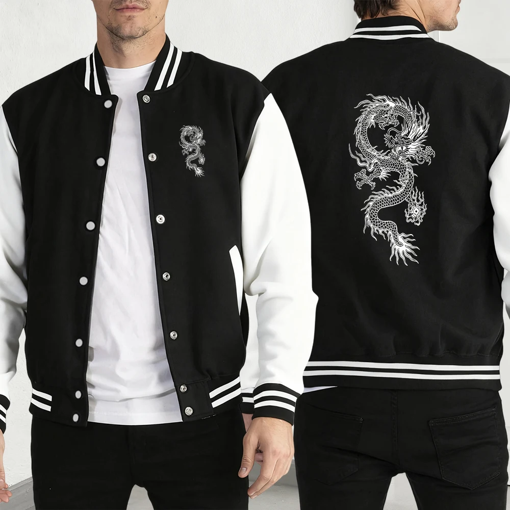 

Personality Dragon Posterprint Men Jackets Cute Fleece Loose Jacket Funny Oversize Streetwear Autumn Warm Coat Baseball Jersey