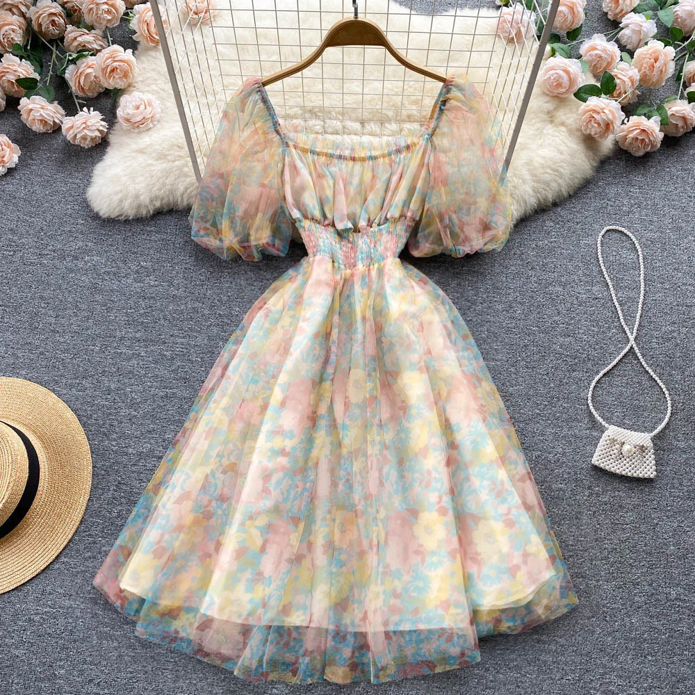2025 New French Chic Floral Printed Cake Dress Woman Square Collar Short Puff Sleeve Sweet Women's Elastic High Waisted Dresses