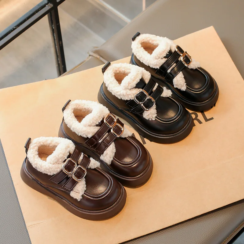 أحذية أطفال كاجوال أحذية من الجلد PU أحذية شتوية بلون سادة للفتيات أحذية مضادة للانزلاق دافئة كاكي بني مقاس 26-37