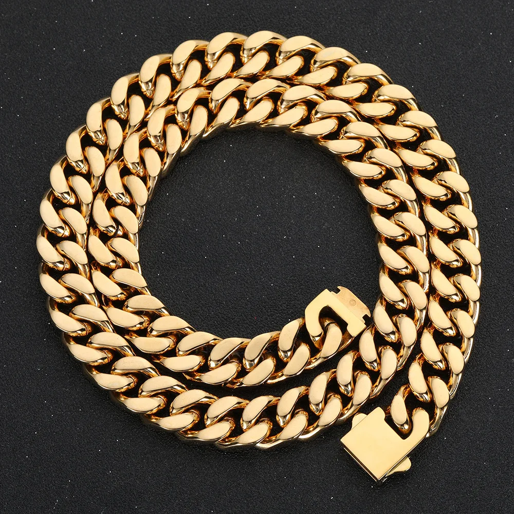 

10/12/14mm Punk Gold Color Curb Cuban Chain Necklace Bracelet Men Women Hiphop Shiny Stainless Steel Biker Bike Choker Jewelry
