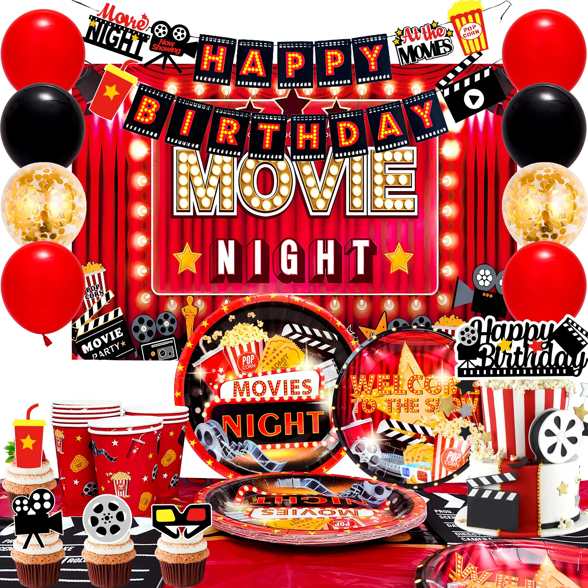 Ensemble de 116 pièces de décorations et de vaisselle pour soirée cinéma - Assiettes, nappe, serviettes et ballons, bannière, toile de fond, etc. pour soirée cinéma, décorations d'anniversaire sur le thème du cinéma.