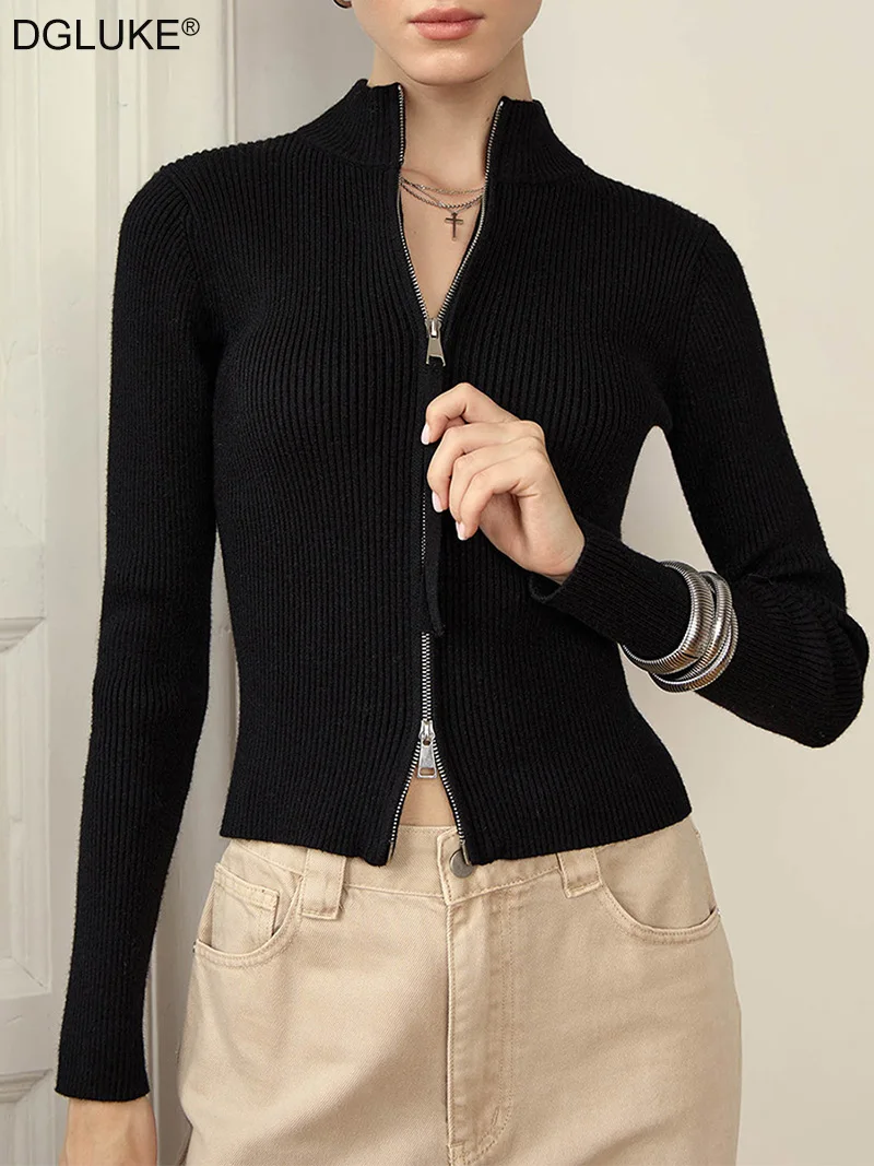 

DGLUKE Spring Fall Black Cardigan Sweater For Women Mock Neck Zip Up Sweaters Fitted Cropped Knitted Cardigan Jacket White