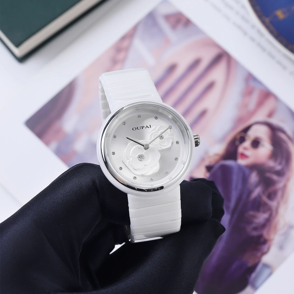 OUPAI женские часы с цветком камелии, белые керамические часы со шкалой со стразами, женские модные и элегантные кварцевые часы, водонепроницаемые
