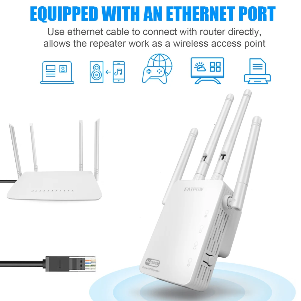 EATPOW 1200Mbps banda Dual 2,4G y 5GHz extensor WiFi repetidor WiFi potente enrutador inalámbrico/AP AC1200 Wlan amplificador de rango Wi Fi