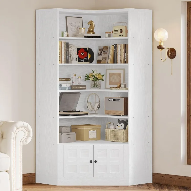 

Угловая книжная полка 81 дюйм с дверцей, 6-ярусные книжные полки Lagre со стеллажем для хранения, высокий книжный шкаф для гостиной, домашнего офиса, W