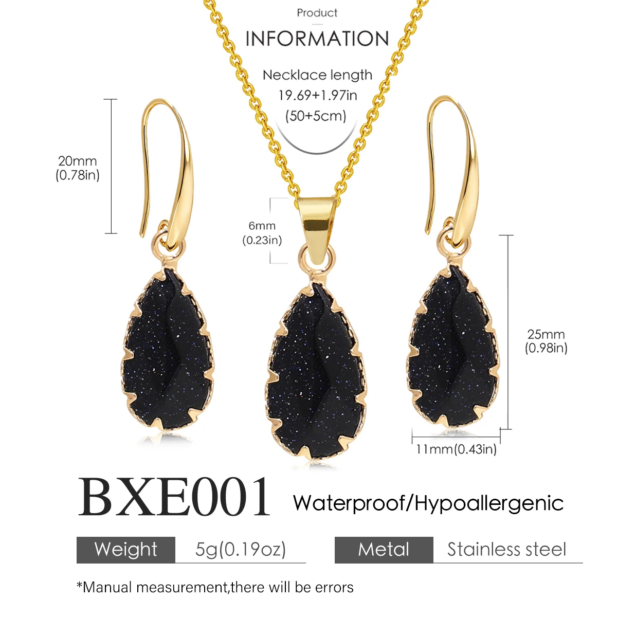 

Natural Stone Teardrop Earrings Necklace Set Luxurious Black Obsidian Opal Pink Crystal Jewelry Set for Women Anniversary Gift