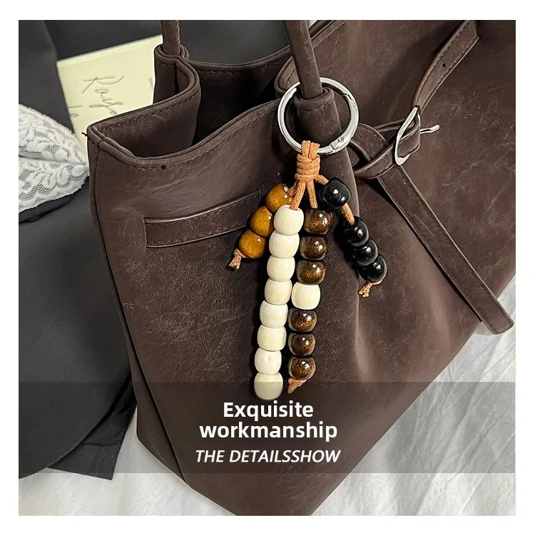 Vintage Brown Leather Tote Bag with Beaded Bag Charm Buckle Detail Large Capacity Shoulder Purse for Work Commuter Daily Use