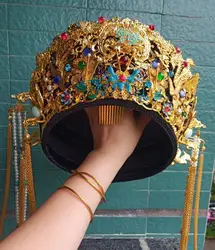 Chinese Qing Dynasty Queen Hat Gold Colour Women Stage Cap Headwear Vintage