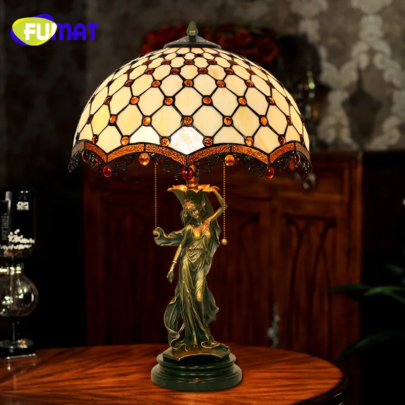 FUMAT Copper Music Prince Virgin Art Decoration Flower Stained Glass Shade European Retro Creative Bedroom Study Table Lamps