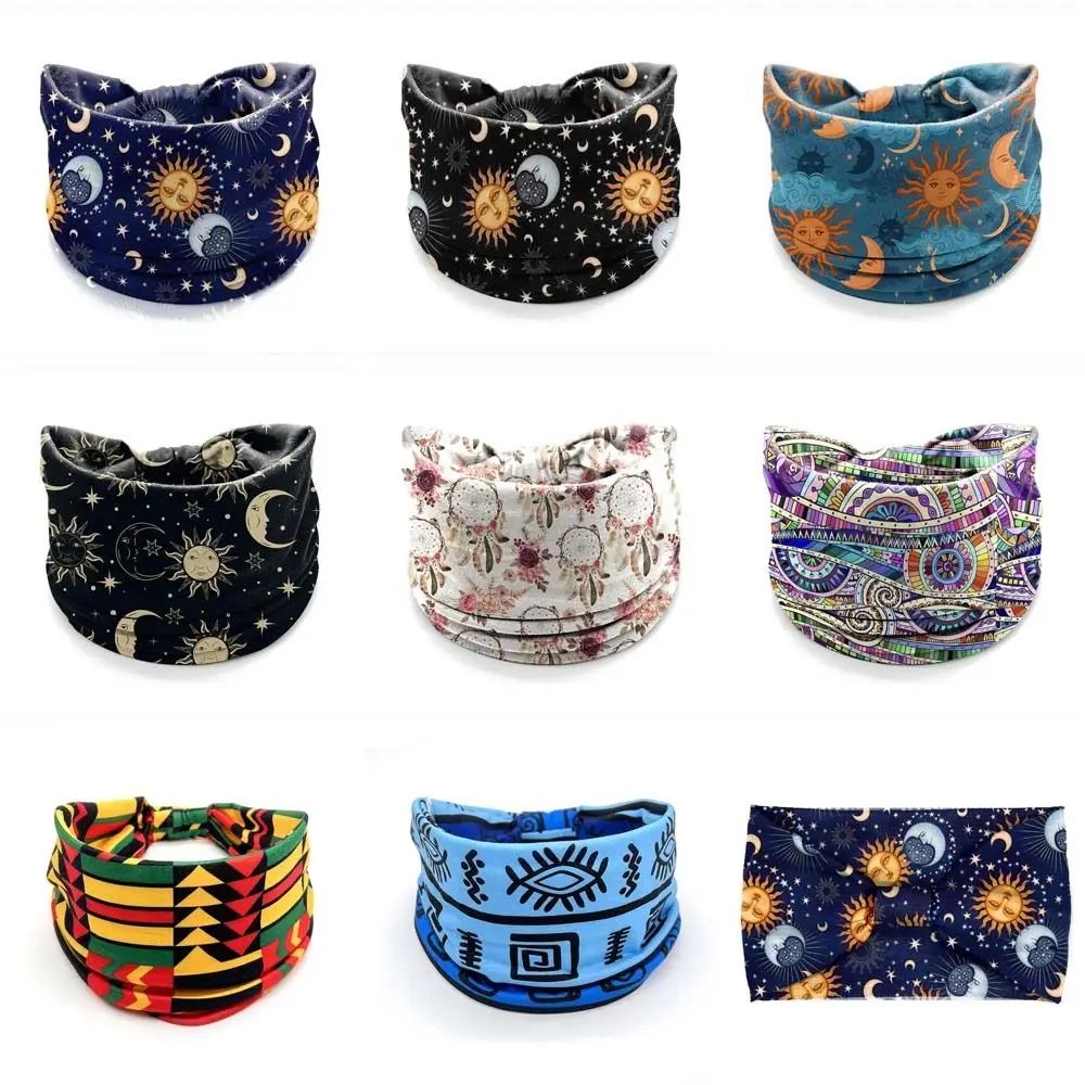 Starry Sky Moon Printed Yoga Headband Wide Brim Vintage Knot Printed Headscarf Elastic Soft Bandana Hair Scarf Hair Accessories