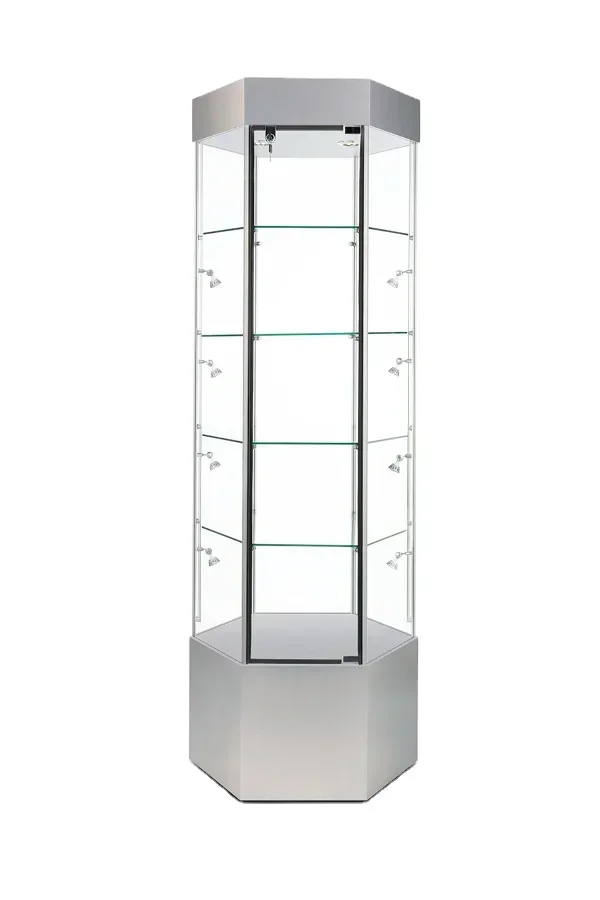 رائجة البيع علبة عرض زجاجية ذات 6 جوانب للتسوق رخيصة وجميلة