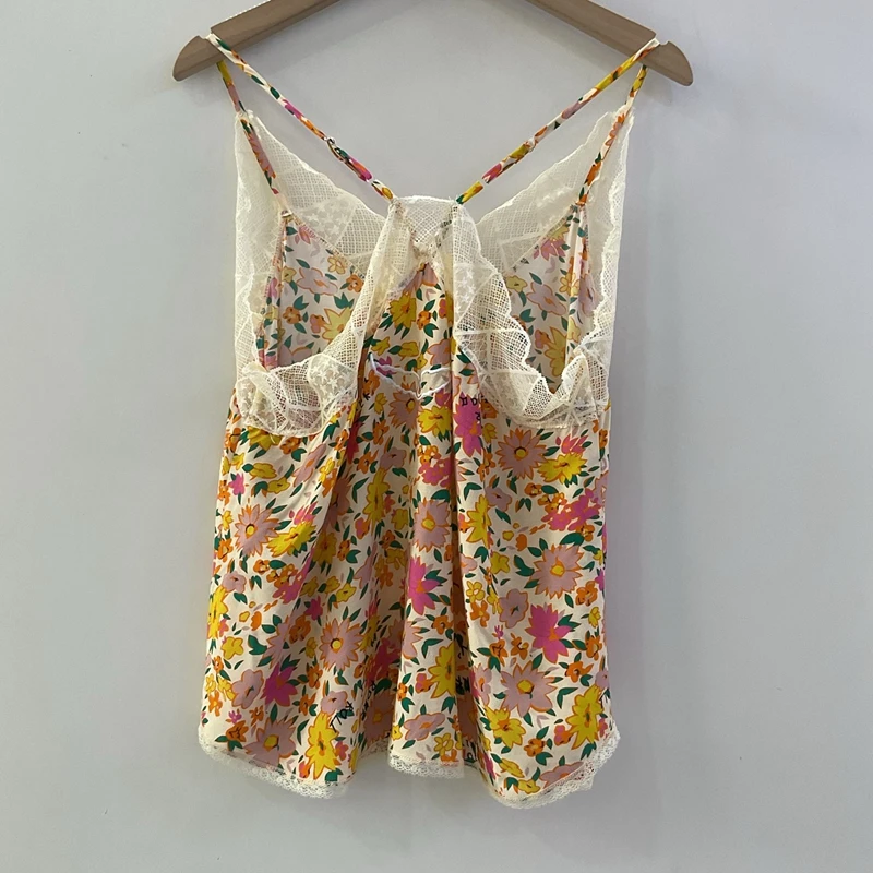 Strap top women's summer high-end comfortable small floral yellow lace V-neck strap vest pajamas