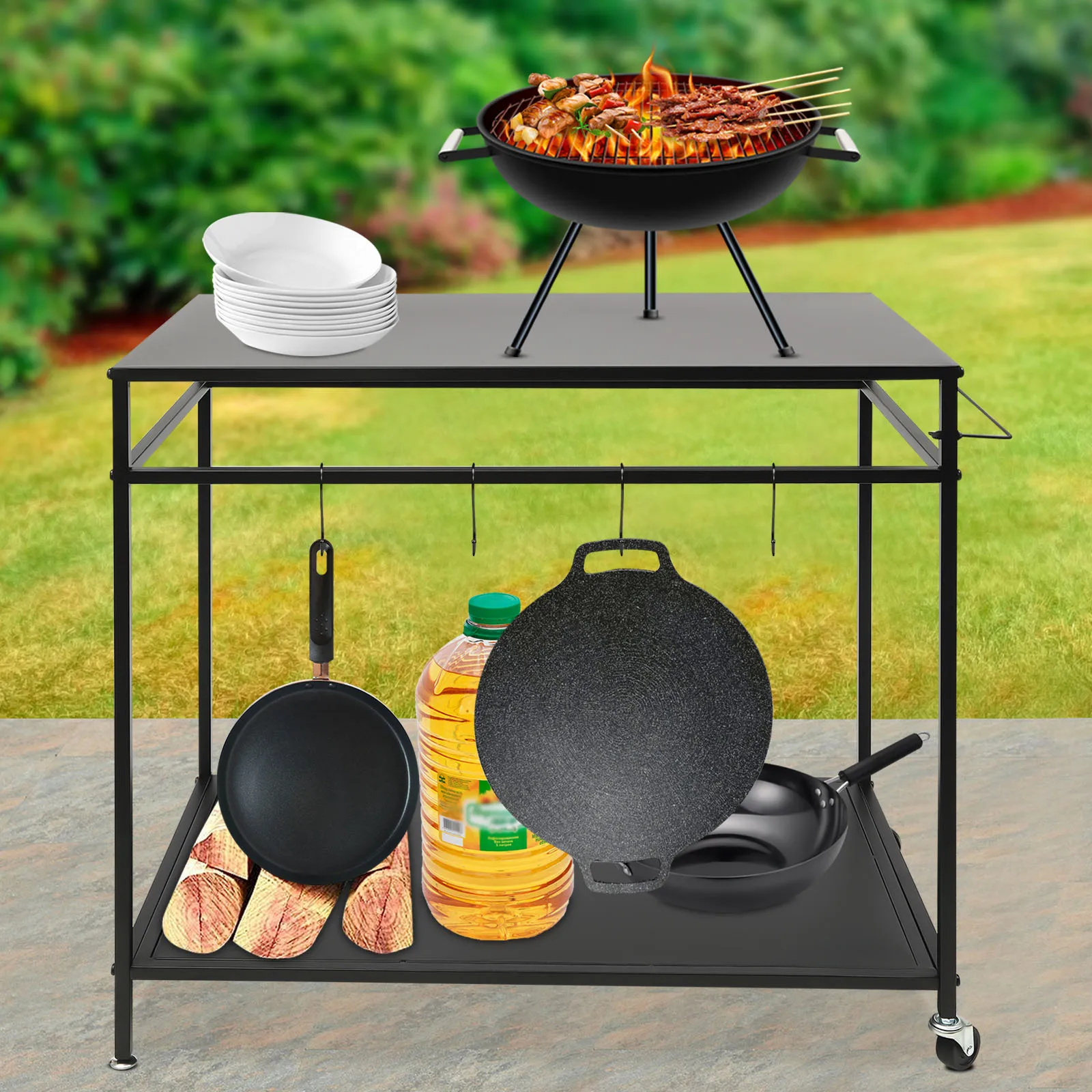 Carrito de Parrilla Moderno para Exteriores con Doble Estante, Mesa de Cocina Móvil con Almacenamiento, Estante para Especias, Mesa de Trabajo con Horno para Pizza de Tubo de Acero