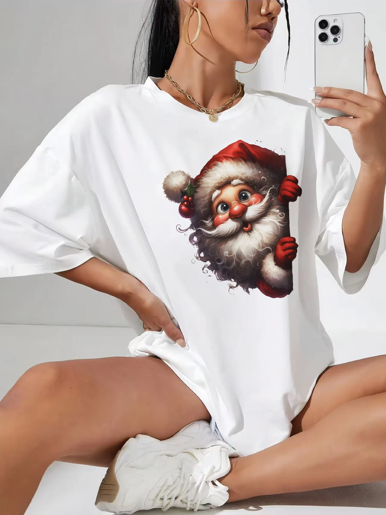 

Christmas Characters peeking around White Cotton Women's T-Shirt Comfortable Casual Wear for Plus Size Christmas Late Pregnancy
