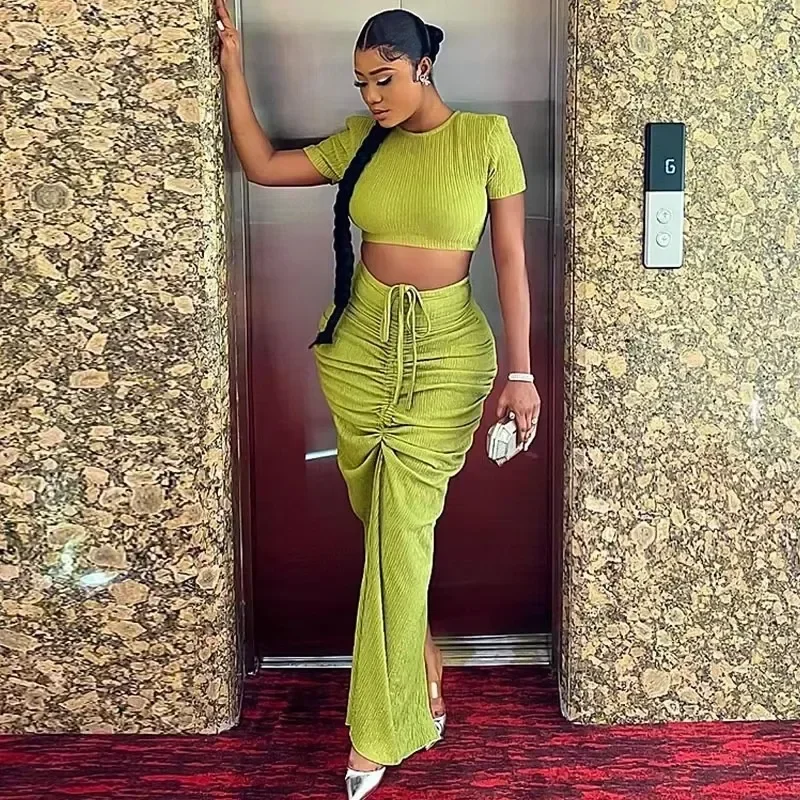 

Elegant Solid Knit Two Piece Set for Women Clubwear Crop Top and Drawstring Ruched Long Skirt Birthday Party Long Dress Sets