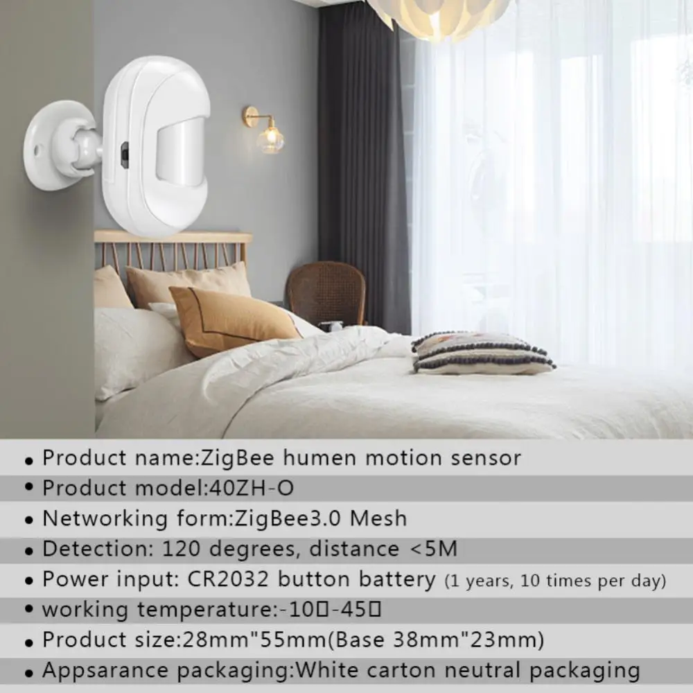 Zigbee-Sensor de movimiento PIR con batería, Detector de movimiento humano, seguridad para el hogar, Smart Life, funciona con Alexa y Google Home