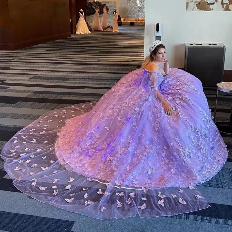 Increíble Vestido De baile De quinceañera con capa, flores 3D, Vestido De fiesta De cumpleaños para niña De 15 años