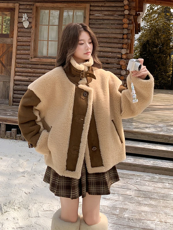 

Ladies ort Lamb Fur Jaet Warm Thiened Autumn Winter 2025 New Sle Casual Loose Fit Long Sve Button up Coat