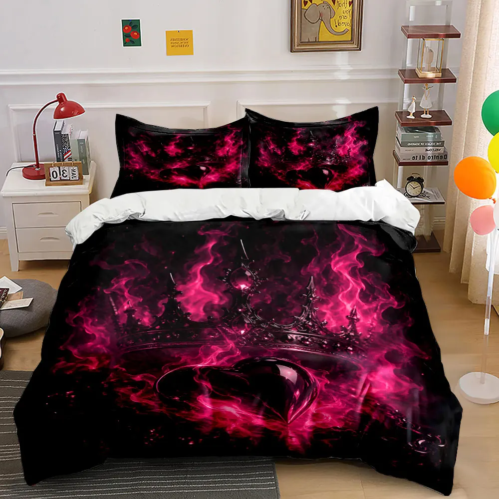 Duvet Cover with Cool Crown and Heart Flame Design Print Bedding Set 1Duvet Cover 2Pillowcases for Adult Children Luxury Gift