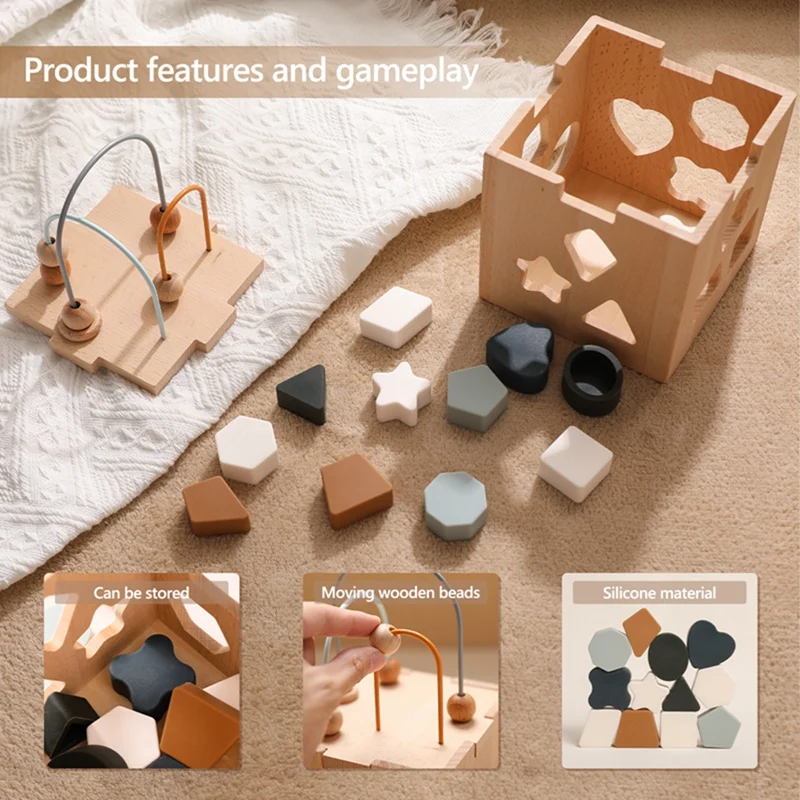 Baby Wooden Montessori Toys Silicone Geometric Shape Blocks Shape Matching Stacking Toys Wooden Box Education Puzzle Infant Toy