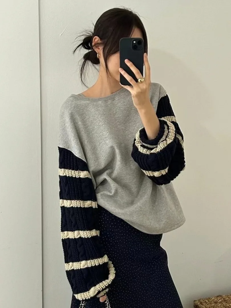 

Chic Autumnal Vintage round Ne Loose Casual Color Blo Striped Long Sve Sweatirt Comfortable Versatile Women's Knitwear