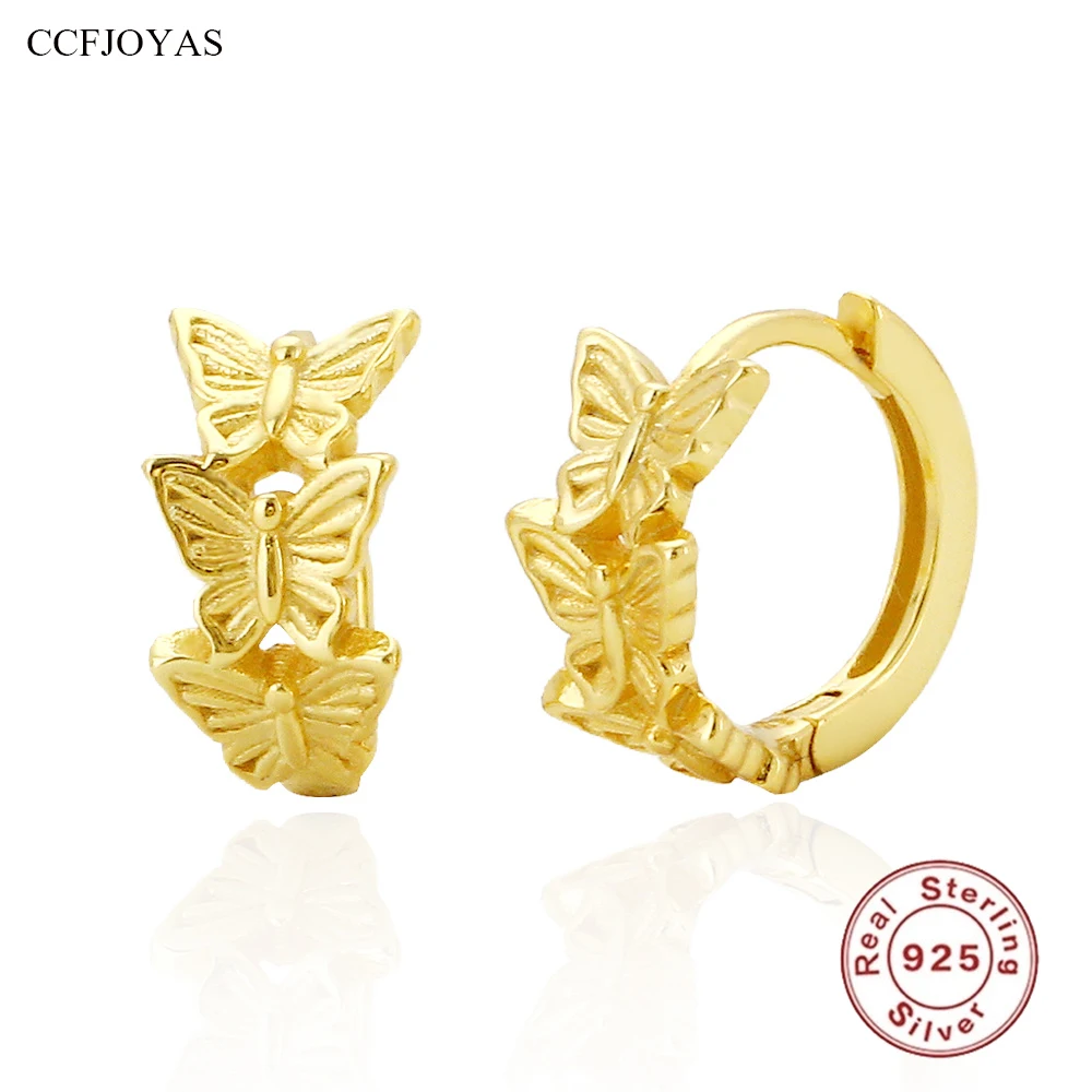 

CCFJOYAS 9mm 925 Sterling Silver Three Butterfly Hoop Earrings Simple INS Gold Silver color Animal Earrings Fine Jewelry